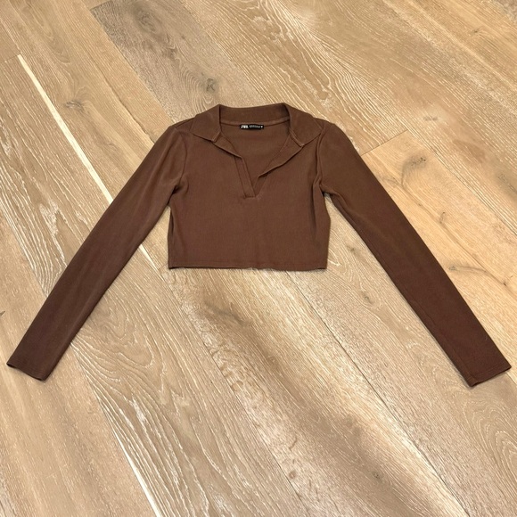 Zara Long Sleeve Ribbed Collared Crop Top Brown Medium - Picture 1 of 6